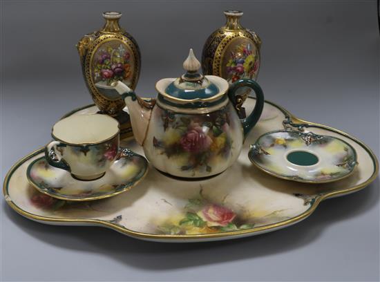 A Hadleys Worcester part tea for two and a pair of Derby style vessels